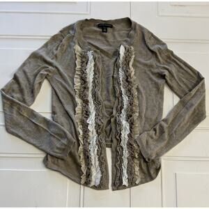 Banana Republic Cardigan Sweater Womens Petite Medium Brown Woven Ruffle Placket